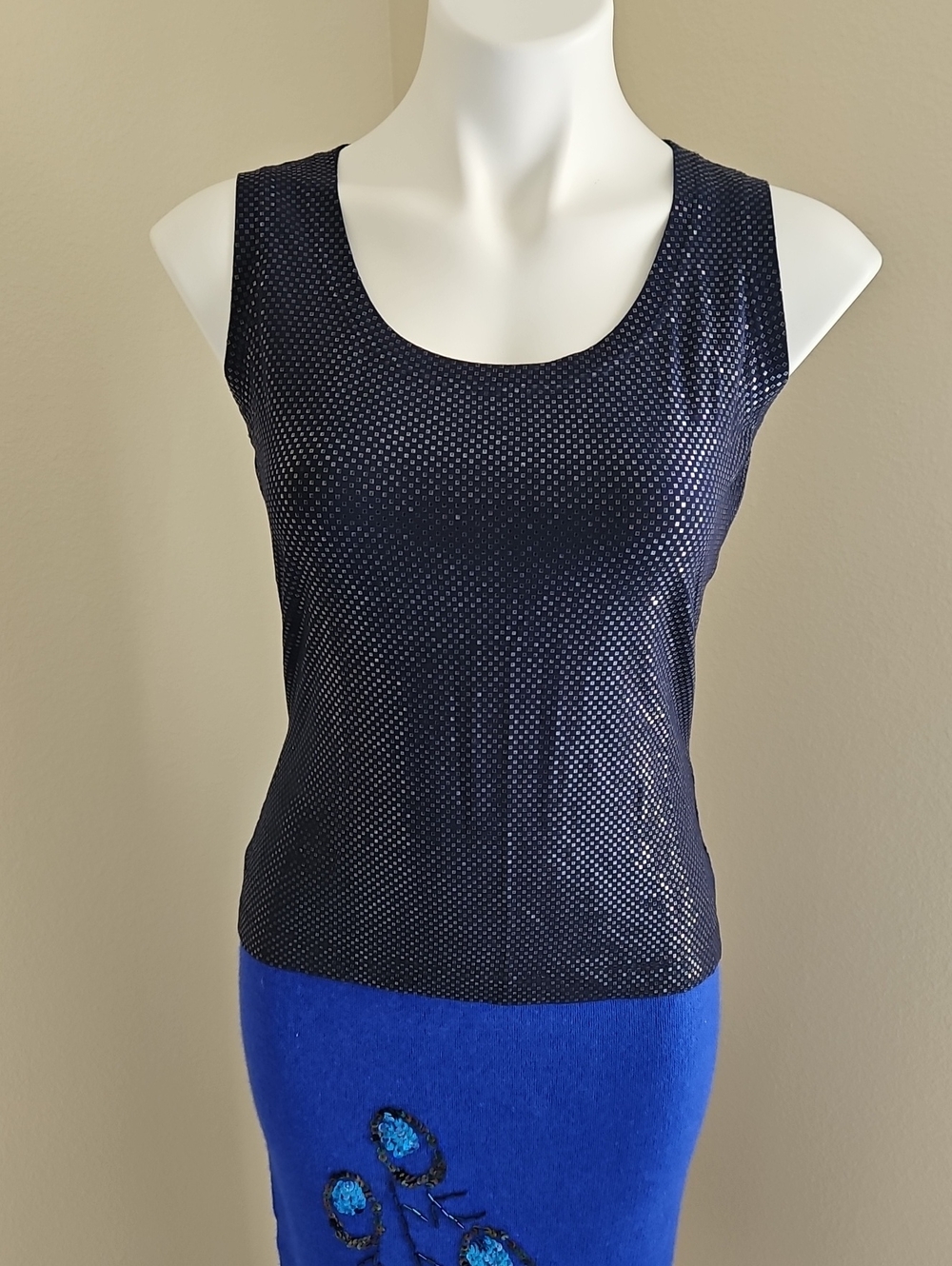 St. John Caviar Navy Metallic Glitter Tank Top Small